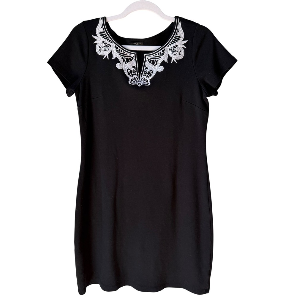 Lands' End Short Sleeve Dress Black White Lace Trim 100% Cotton Medium Petite MP